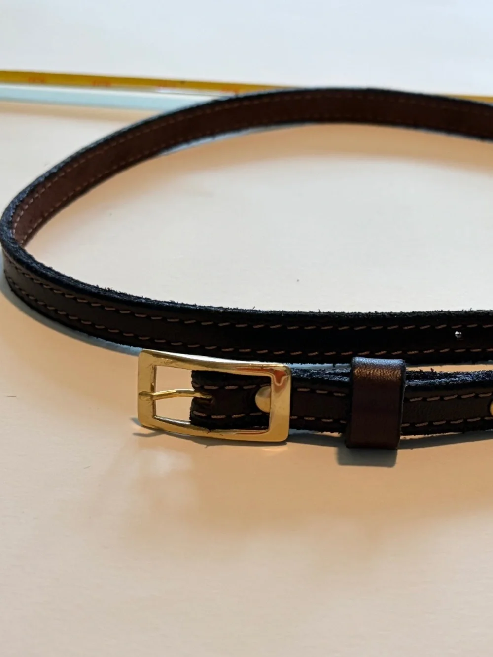 Handcrafted Brown Leather Skinny Belt Gold Buckle Artisan Made 40